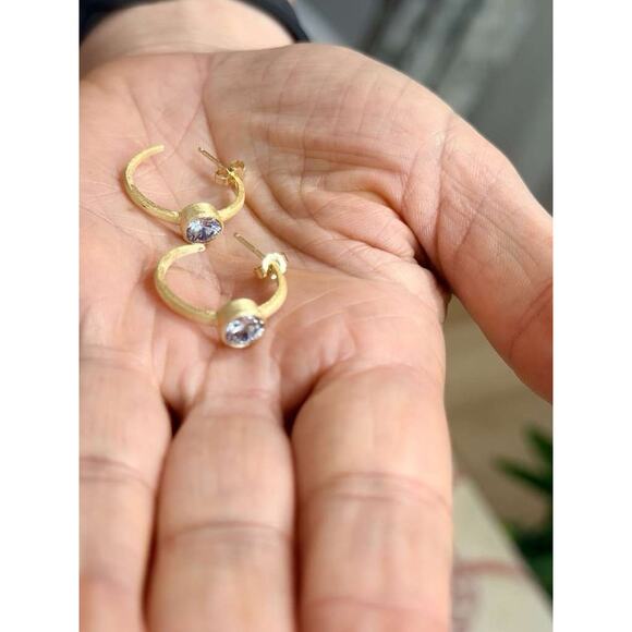 Gold Over 925 Sterling Silver Open Hoop CZ Earrings Solitaire Pushback - Picture 2 of 11